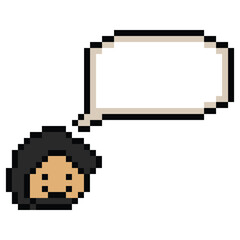 Fototapeta premium Cartoon pixel cute character man face with chat box blank decoration 8 bit male boy say speak discuss idea chat box cartoon pixel 8bit game png vector.