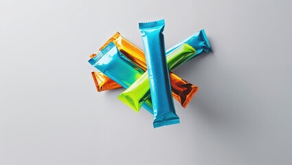 Fototapeta premium Four energy bars in vibrant colors are arranged artistically on a plain background. The bars represent a focus on nutrition for sports enthusiasts seeking performance enhancement