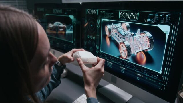 Arc closeup of busy Caucasian female automotive designer holding clay car model, studying its exterior shape, comparing to digital renders on computer screen while working on new prototype