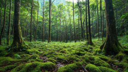 A dense rainforest campsite with lush vegetation and a moss-covered ground
