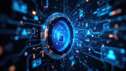 Digital representation of a Kubernetes cluster with emphasis on security elements such as lock icon and blue hues symbolizing encryption or virtual networking.