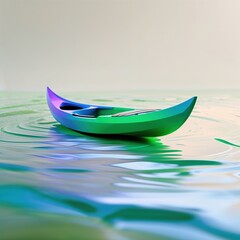 Fototapeta premium A sleek, minimalist canoe glides smoothly across tranquil waters, showcasing its vibrant hues while the sun casts soft reflections on the surface, creating a peaceful atmosphere