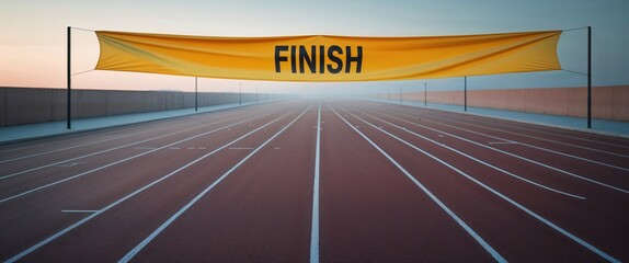 A long, empty running track stretches under a vibrant sky at dusk, with a prominent finish line banner in yellow signaling the race's conclusion