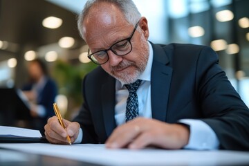 Fototapeta premium An experienced businessman intently reviewing documents in a modern office setting, implying dedication, strategic planning, and insightful decision-making in the business world.