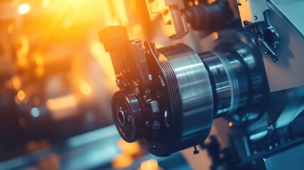 Fototapeta premium A fully automated roofing roll forming machine glowing under soft golden lighting