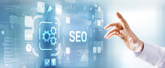 SEO - Search engine optimisation, Digital Internet marketing concept on virtual screen.
