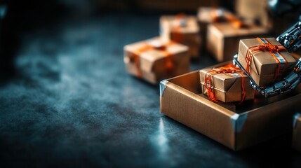 Fototapeta premium A robotic arm carefully places wrapped gifts into a cardboard box on a dark metallic surface prepa for automated delivery and distribution.