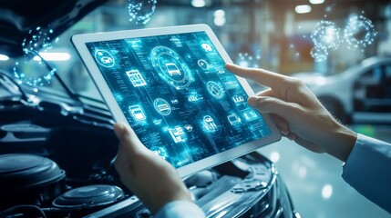 Mechanic using diagnostic tablet in auto shop