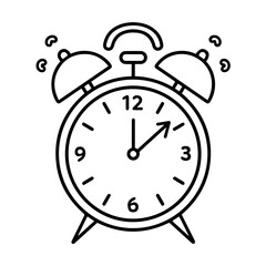 Black and white line art of a ringing alarm clock with two bells on top. The clock hands indicate time, and motion lines emphasize the ringing effect.
