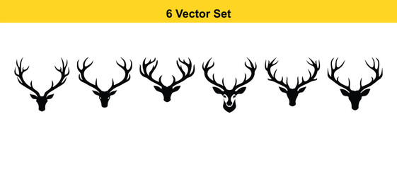 Set of 6 unique black silhouette vector illustrations of deer heads with antlers, ideal for nature, wildlife, and graphic design projects
