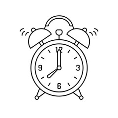 Black and white line art of a ringing alarm clock with two bells on top. The clock hands indicate time, and motion lines emphasize the ringing effect.