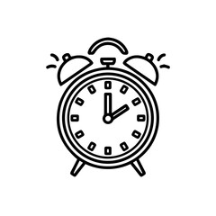 Black and white line art of a ringing alarm clock with two bells on top. The clock hands indicate time, and motion lines emphasize the ringing effect.