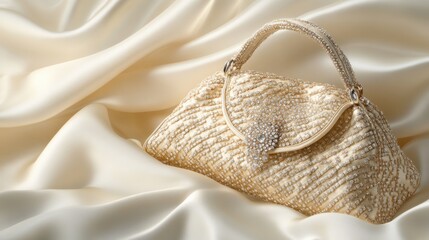 Fototapeta premium A luxurious diamond-studded handbag resting on soft white silk fabric