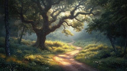 Obraz premium A magical forest road with an ancient tree at the center, bathed in mystical light