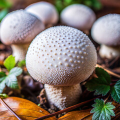 Cluster of puffball mushrooms in vibrant mood surrounded by foliage and leaves