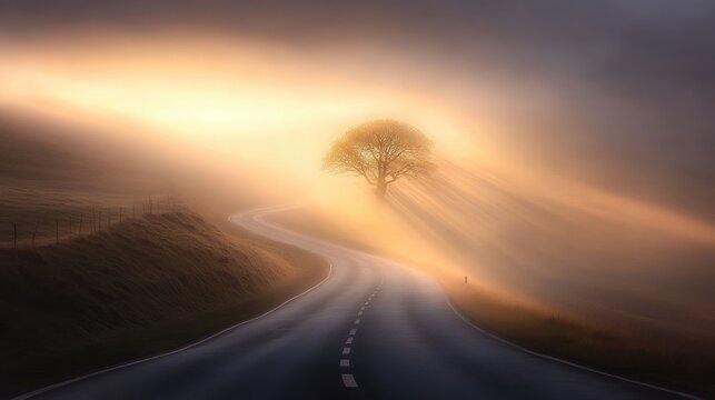 A misty morning road with a single tree in the middle, sunbeams breaking through the fog
