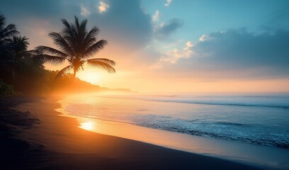 The sunset, palm trees, beaches, and waves from the beach in the middle of the Pacific Ocean