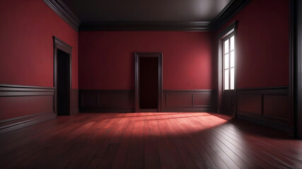 large empty red room with window, doors and wooden walls facing and light reflections on the floor