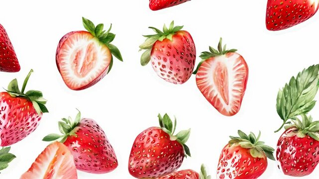 Watercolor strawberry pattern with whole and sliced berries on white background