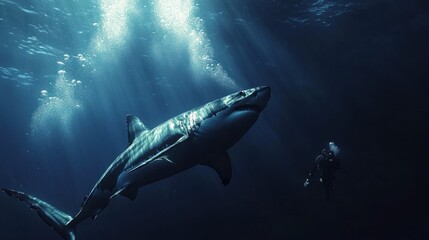 Underwater Encounter: A Great White Shark and Diver in a Deep Blue Ocean