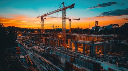 A neon-lit industrial bridge construction site with a dramatic sky gradient of deep orange and blue