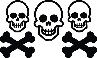 Simple, bold graphic of three skull and crossbones symbols against a plain white background.