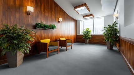 Fototapeta premium A modern mid-century office waiting area features wood paneling, gray carpet, potted plants, and two mustard yellow armchairs providing a calm and inviting atmosphere for clients