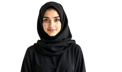 Serene young woman portrait in hijab isolated on transparent background. Monochrome studio shot, hyperrealistic style. Ideal for religious, cultural, fashion, and profile images.