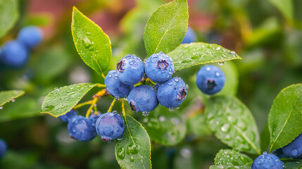 Fresh blueberries glisten with morning dew on plants in a garden following a recent rain shower