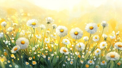 White Daisies in a Yellow Sunlit Field