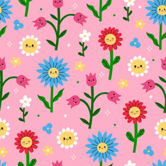 Seamless pattern with cute funny flowers. Vector graphics