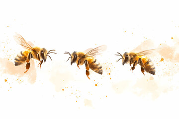 Obraz premium Golden Wings in Flight: Three bees in mid-flight, their wings shimmering and bodies intricately detailed, navigate against a light-toned backdrop. A celebration of nature's tiny marvels. 