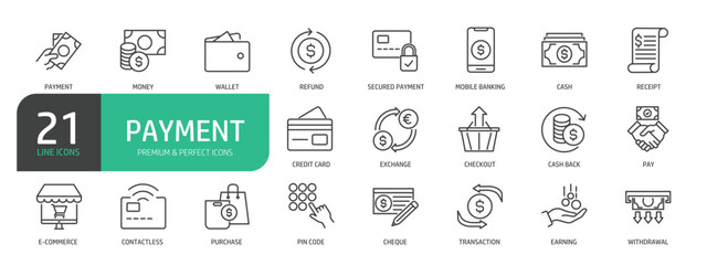 Set Of Payment Line Icons. Contains such icons as Money, Secured Payment, Mobile Banking, Cash, Credit Card, Exchange, Contactless, Cheque, Withdrawall, and more.