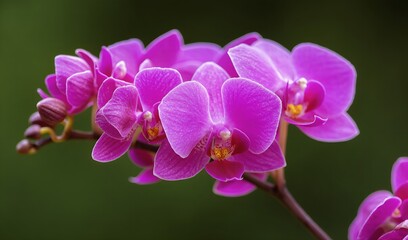 Beautiful pink orchid flowers on a green background close-up
