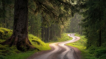 Obraz premium A road curving through a dense forest, with an ancient tree in the middle