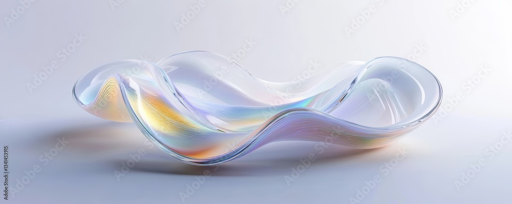Fototapete 3d glass abstract curved futuristic wave. colorful white iridescent ribbon shape. modern flowing flu