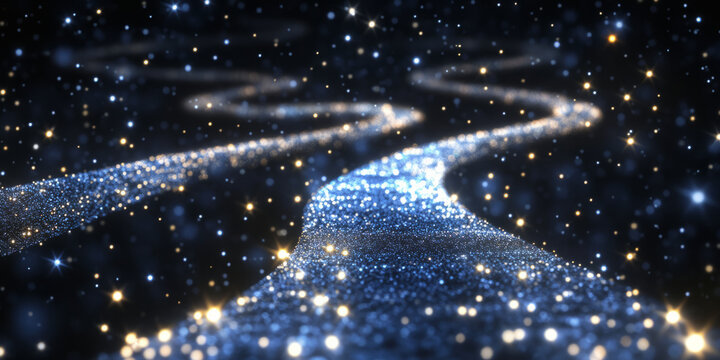 A cosmic 3D background featuring a celestial pathway made of floating, shimmering stars stretching across a dark galaxy. The soft glow of distant nebulae adds a sense of vastness and mystery.