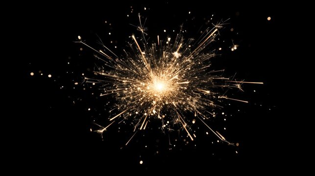 A bright golden sparkler bursts against a black background, radiating light and energy. - Powered by Adobe