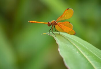 Fototapeta premium A graceful orange dragonfly rests on a delicate, translucent leaf, wings spread in nature's embrace, detail, arthropod