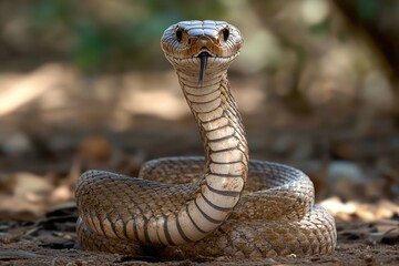 Fototapeta premium Close-Up of a Brown Snake with a Striking Head and Forked Tongue in a Natural Habitat Setting Capturing Intricate Scale Patterns and Textures