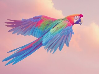 Fototapeta premium Colorful Macaw in Flight Against Soft Pink Sky at Dusk with Vibrant Feathers and Graceful Wings