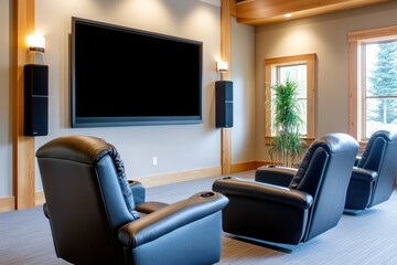 Home theater room with large screen and recliners