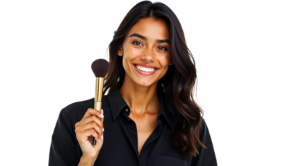 Smiling woman portrait with makeup brush. Beauty, cosmetics, makeup artist, professional headshot. Isolated on white background. Ideal for beauty blogs, tutorials, and cosmetic ads.