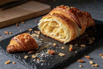 Freshly baked croissant on slate with crumbs artfully arranged for a delicious breakfast