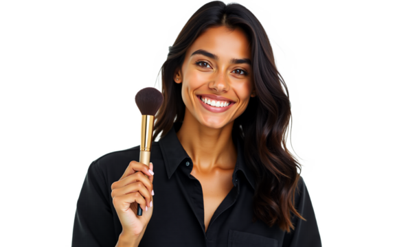 Smiling woman portrait with makeup brush. Beauty, cosmetics, makeup artist, professional headshot. Isolated on white background. Ideal for beauty blogs, tutorials, and cosmetic ads.