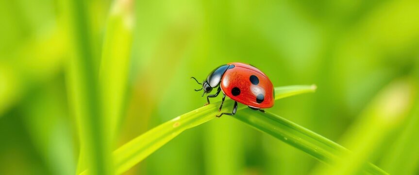 A ladybug perched on a vibrant green grass blade, intricate details visible, organic, wildlife
