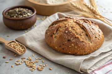 Naklejka premium Freshly baked artisan bread with seeds on a rustic table