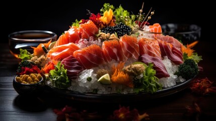 A plate of sashimi with salmon and vegetables