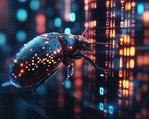 A bug interacting with flowing binary code, representing the challenge of software debugging, ultrarealistic, glowing code, sharp focus, digital theme