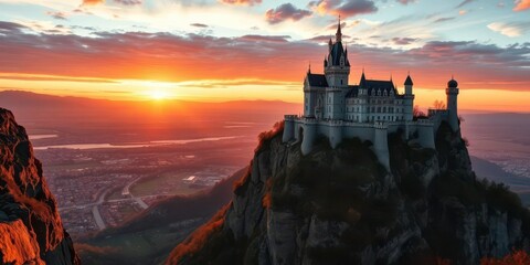 Fototapeta premium A majestic castle perched atop a cliff overlooking a sprawling kingdom, vibrant sunsets casting long shadows, concept art, mountains